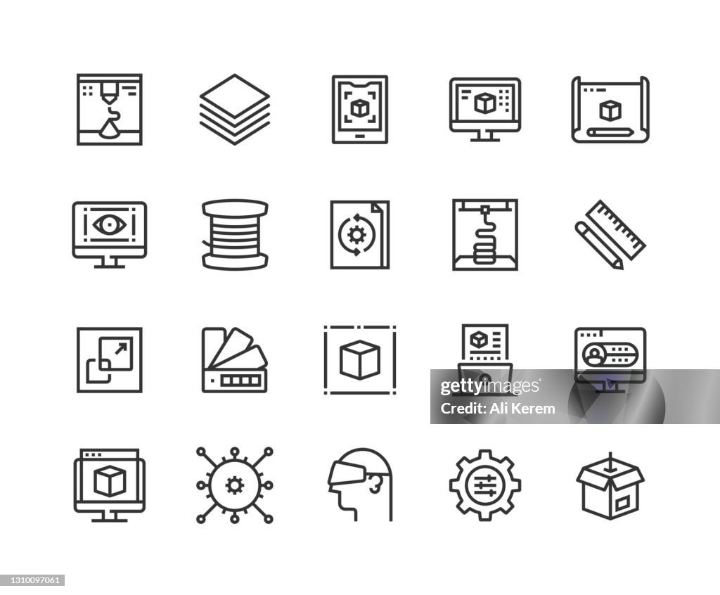Printing, Modeling, 3D Printer, Scanner, Programming Icons