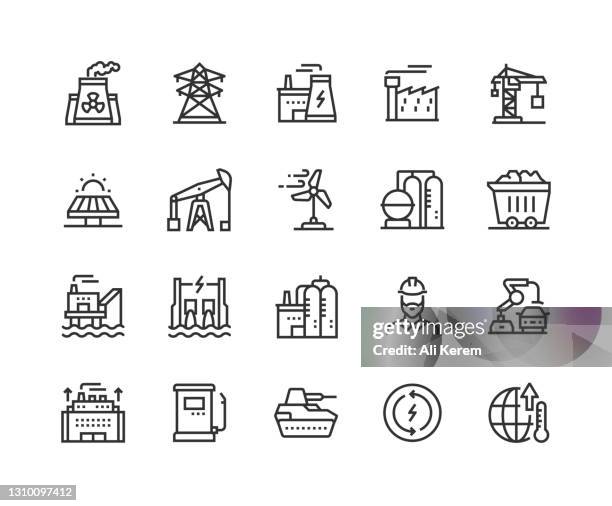 stockillustraties, clipart, cartoons en iconen met kerncentrale, transmissietoren, krachtcentrale, fabrieksproductie, de pictogrammen van de bouwindustrie - chemische fabriek