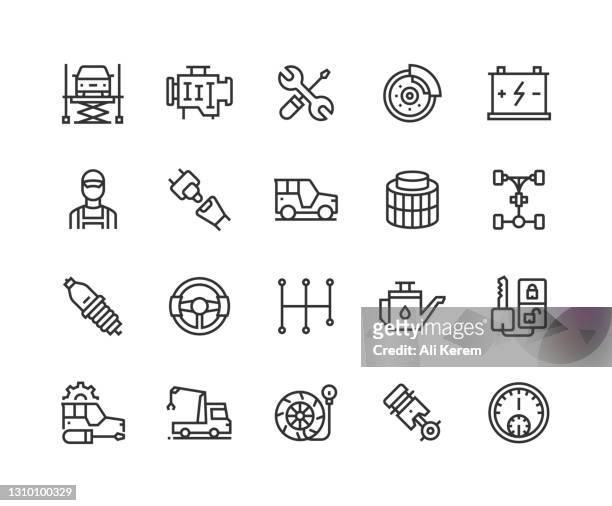 car service, piston, car lifter, car engine, maintenance, disc brake, battery icons - repair garage stock illustrations