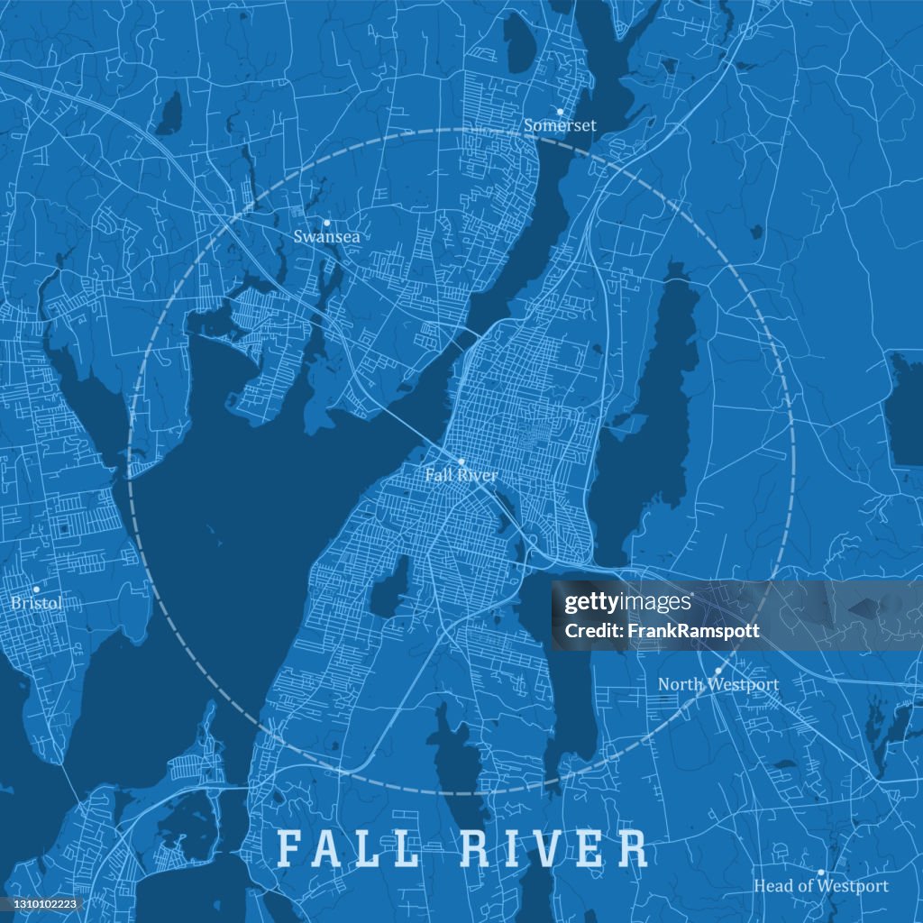 Fall River MA City Vector Road Map Blue Text