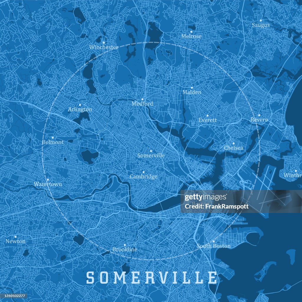 Somerville MA City Vector Road Map Blue Text