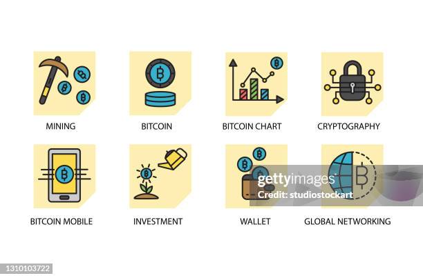 cryptocurrency and blockchain line icon set. editable stroke - pick axe isolated stock illustrations