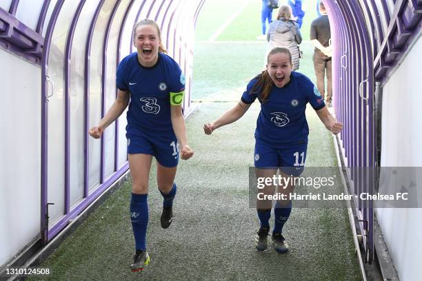 Magdalena Eriksson and Guro Reiten of Chelsea celebrate following their team's victory in the Second Leg of the UEFA Women's Champions League Quarter...