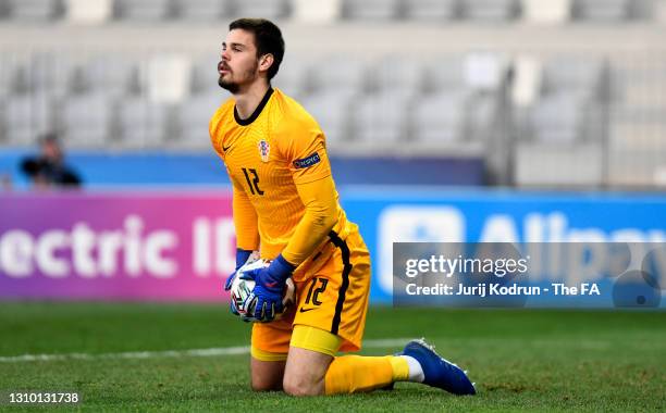 Dominik Kotarski of Croatia looks on during the 2021 UEFA European Under-21 Championship Group D match between Croatia and England at Stadion...