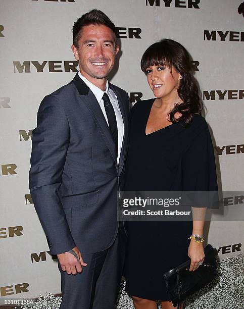 Harry Kewell and his wife Sheree Murphy attend the Myer marquee on Melbourne Cup Day at Flemington Racecourse on November 1, 2011 in Melbourne,...