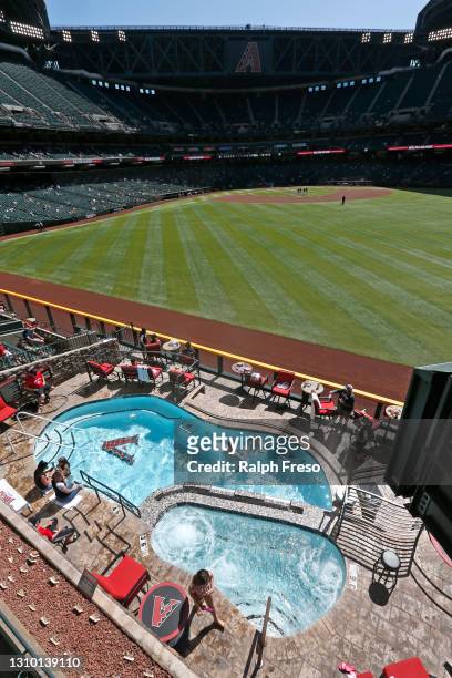 General view from right field of the stadium and pool during the sixth inning of the MLB spring training baseball game between the Cleveland Indians...