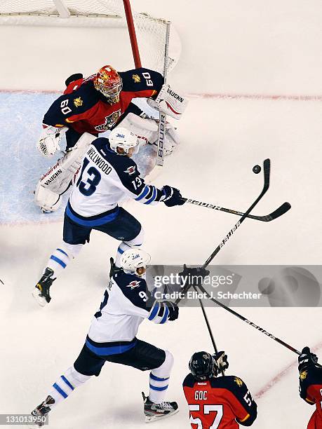 Evander Kane of the Winnipeg Jets knocks the puck in for a goal against Goaltender Jose Theodore of the Florida Panthers at the BankAtlantic Center...