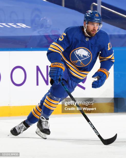 Riley Sheahan of the Buffalo Sabres skates during an NHL game against the Philadelphia Flyers on March 29, 2021 at KeyBank Center in Buffalo, New...