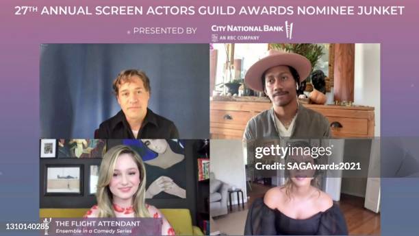 In this screengrab, T. R. Knight, Griffin Matthews, Merle Dandridge, and Audrey Grace Marshall of The Flight Attendant speak during the press junket...