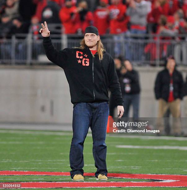 Lineback A.J. Hawk of the Green Bay Packers salutes the Ohio State Buckeyes fans during a game between the Ohio State Buckeyes and Wisconsin Badgers...