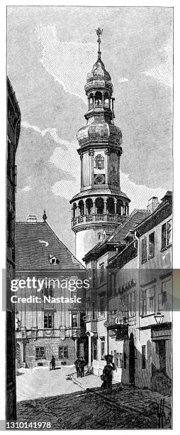 city tower to ödenburg - vajdahunyad castle stock illustrations