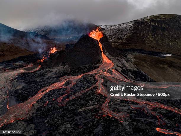 aerial view of volcanic mountain against sky,reykjanes peninsula,iceland - iceland lava stock pictures, royalty-free photos & images