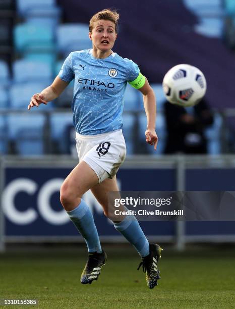 Ellen White of Manchester City runs for the ball during the Second Leg of the UEFA Women's Champions League Quarter Final match between Manchester...