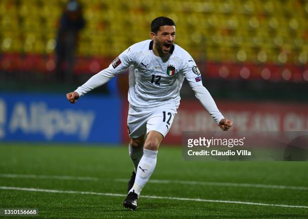 Stefano Sensi of Italy celebrates after scoring the opening goal during the FIFA World Cup 2022 Qatar qualifying match between Lithuania and Italy on...