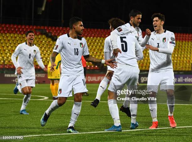 Stefano Sensi of Italy celebrates with team-mates after scoring the opening goal during the FIFA World Cup 2022 Qatar qualifying match between...