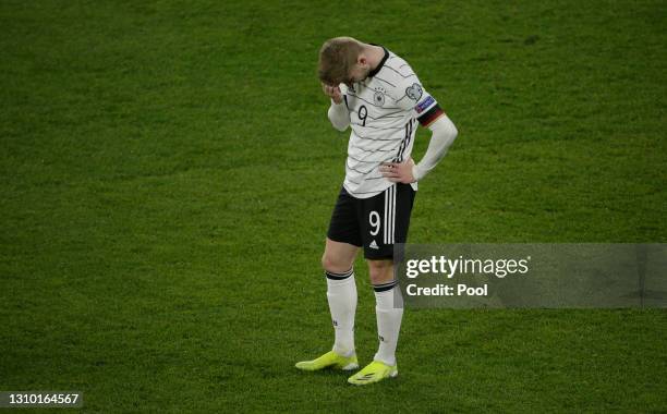 Timo Werner of Germany reacts during the FIFA World Cup 2022 Qatar qualifying match between Germany and North Macedonia at Schauinsland-Reisen-Arena...