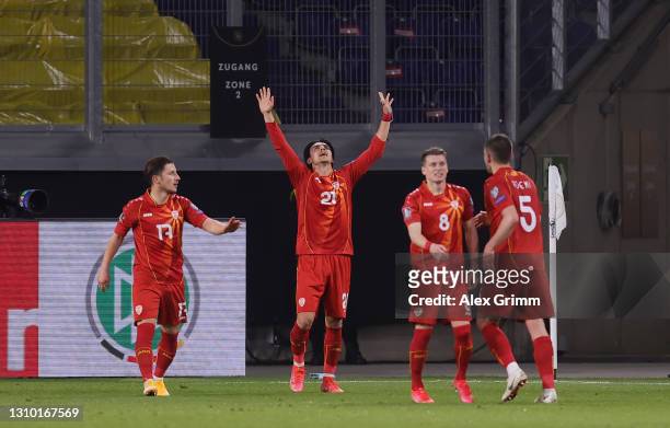 Eljif Elmas of North Macedonia celebrates after scoring their side's second goal during the FIFA World Cup 2022 Qatar qualifying match between...