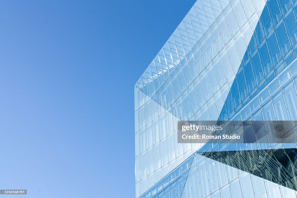 Up view, low angle view of modern business skyscraper glass and sky