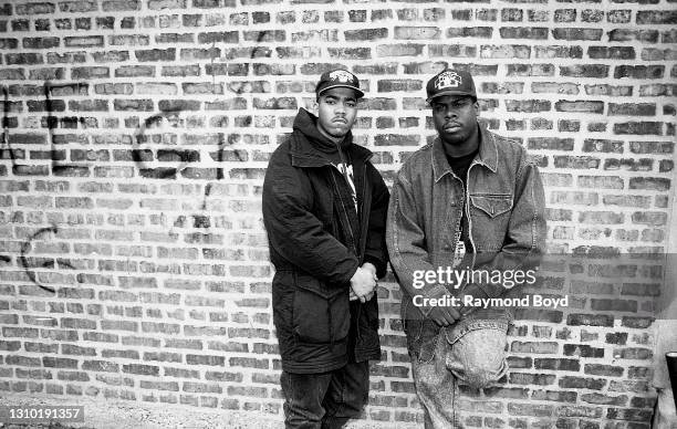 Swift of Tha Alkaholiks and rapper King Tee poses for photos outside Barney's One Stop record store in Chicago, Illinois in April 1991.