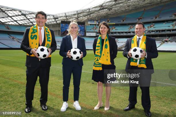 Minister for Sport Geoff Lee, Australian football player Remy Siemsen, NSW Premier Gladys Berejiklian and Football Australia CEO James Johnson pose...