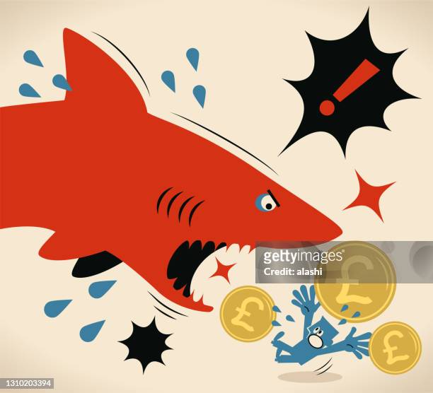 businessman with british pound currency is getting attacked by a shark - silver shark stock illustrations