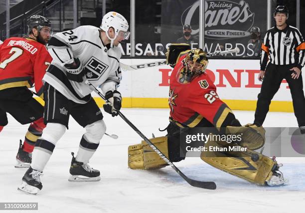 Marc-Andre Fleury of the Vegas Golden Knights makes a save against Lias Andersson of the Los Angeles Kings in the third period of their game at...
