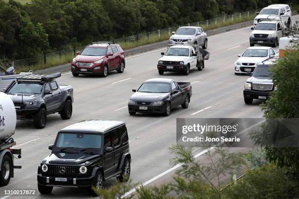 Heavy traffic heads south at Yatala, ahead of the Easter long weekend and after the three-day COVID lockdown, on April 01, 2021 in Brisbane,...