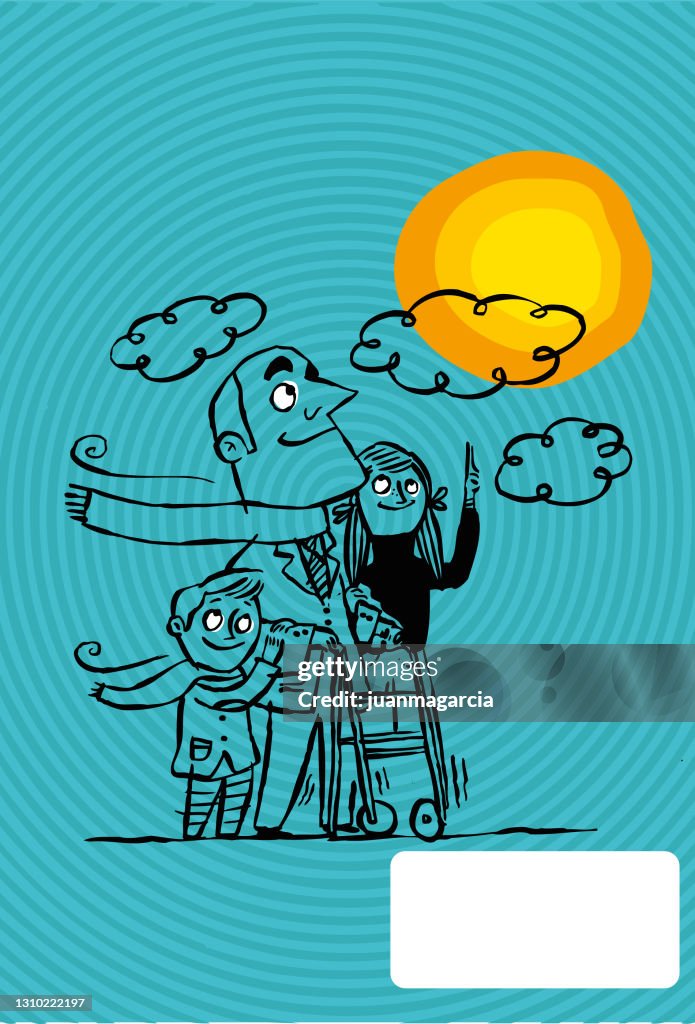 Sick person in a wheelchair accompanied by his family