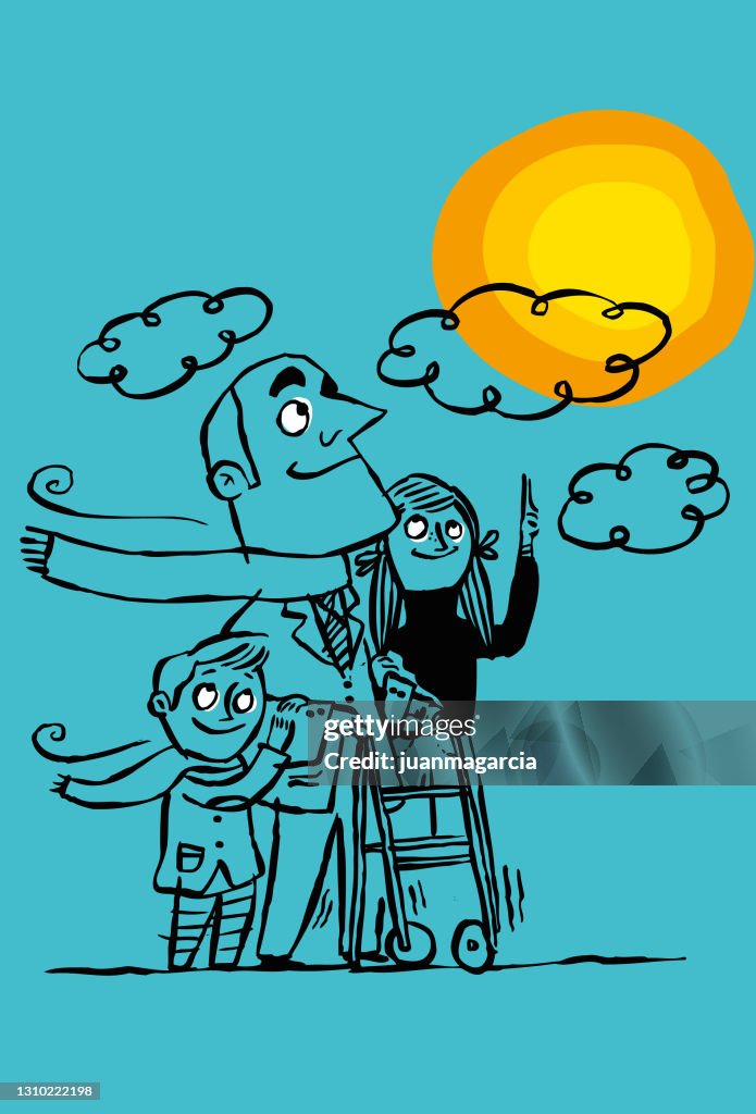 Sick person in a wheelchair accompanied by his family