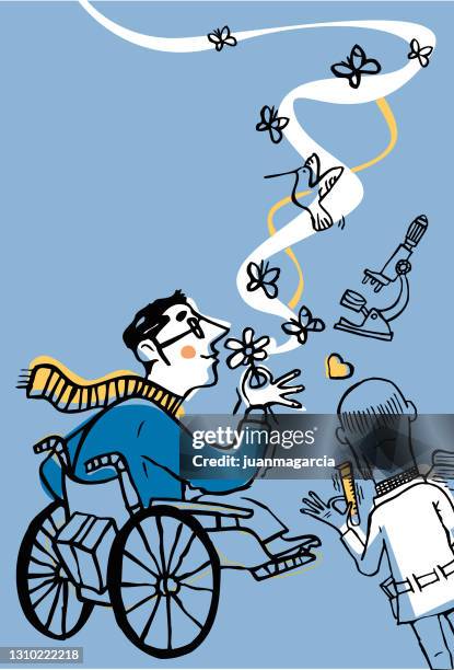 disease research. man in a wheelchair. medicine and medical advances for the cure of diseases. - als stock illustrations