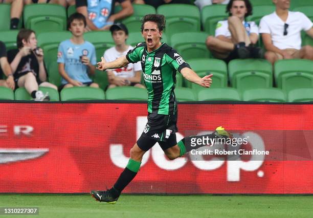 Lachlan Wales of Western United celebrates after scoring a goal during the A-League match between Western United FC and Melbourne City at AAMI Park,...