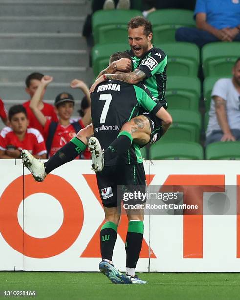 Besart Berisha of Western United celebrates with Alessandro Diamanti after scoring a goal during the A-League match between Western United FC and...