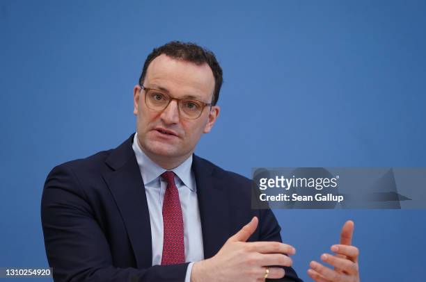 German Health Minister Jens Spahn speaks to the media to outline the large-scale rollout of inoculations against Covid-19 at private medical...