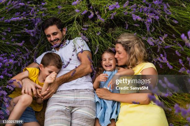 giovane famiglia che si gode sul campo di lavanda - adulto di mezza età foto e immagini stock