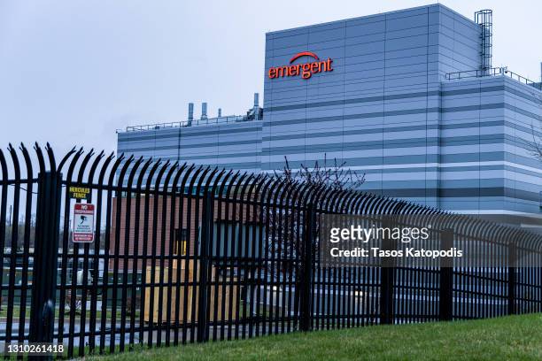 The exterior view of the Emergent BioSolutions plant on April 01, 2021 in Baltimore, Maryland. At this Baltimore Lab, 15 Million Doses Of Johnson &...