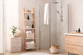 Modern bathroom interior with decorative ladder and shower stall