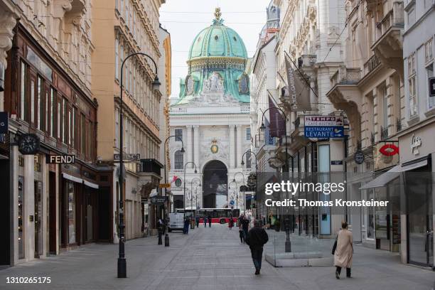 Kohlmarkt shopping street stands empty and its shops closed on the first day of an Easter shutdown during the coronavirus pandemic on April 01, 2021...