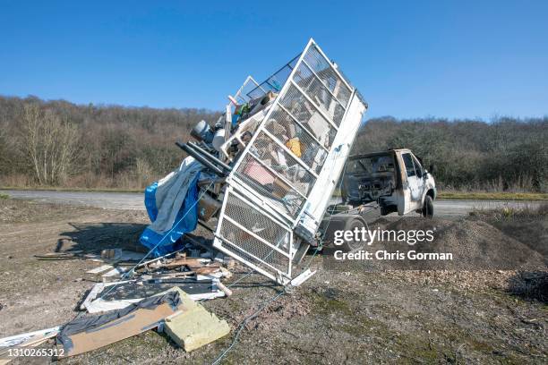 An abandoned truck in the middle of fly tipping at the Queen Elizabeth Country Park on February 28, 2021 in Petersfield ,England. It is reported the...