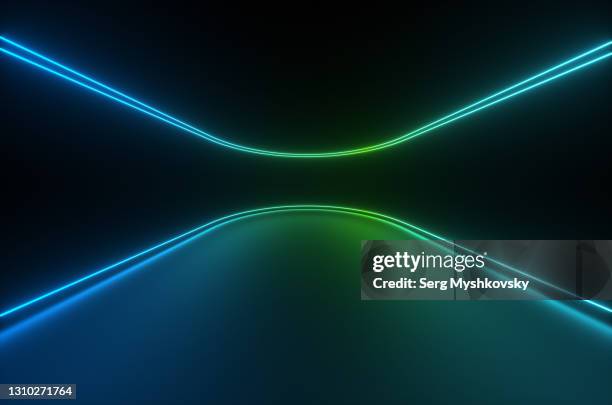 synthwave style abstract oval lines of neon blue and green reflecting on the floor in the room at night. 3d render illustration - networks green room stock pictures, royalty-free photos & images