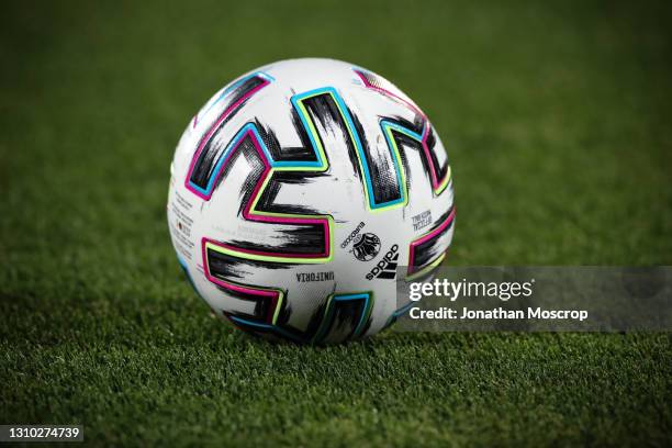 An official Adidas UEFA Euro 2020 matchball during the FIFA World Cup 2022 Qatar qualifying match between San Marino and Albania at San Marino...