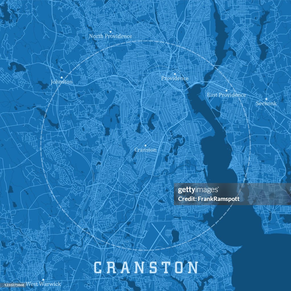 Cranston RI City Vector Road Map Blue Text