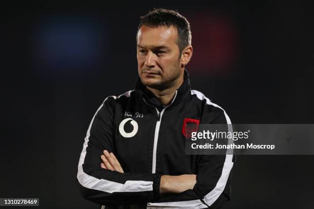 Hamdi Salihi Assistant coach of the Albania National team during the warm up prior to the FIFA World Cup 2022 Qatar qualifying match between San...