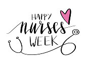 Happy Nurses Week beautiful handwritten brush lettering vector illustration phrase with heart decoration isolated on white.