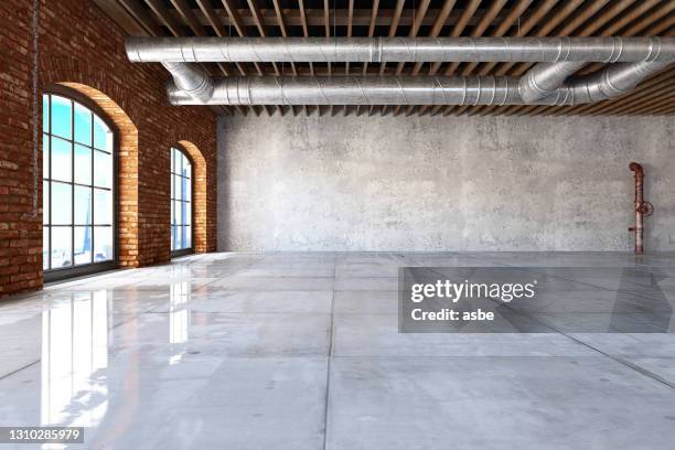 empty large warehouse - brick wall building stock pictures, royalty-free photos & images