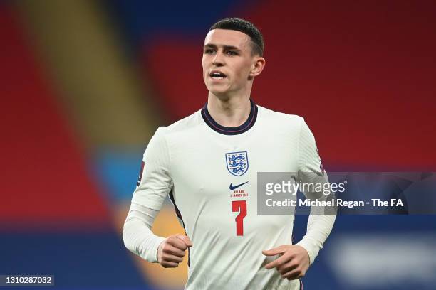 Phil Foden of England looks on during the FIFA World Cup 2022 Qatar qualifying match between England and Poland on March 31, 2021 at Wembley Stadium...