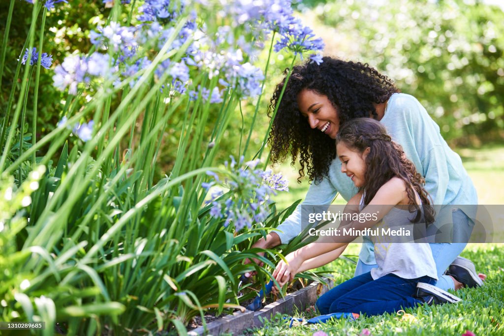 Mutter und Tochter pflanzen Blumen im Garten