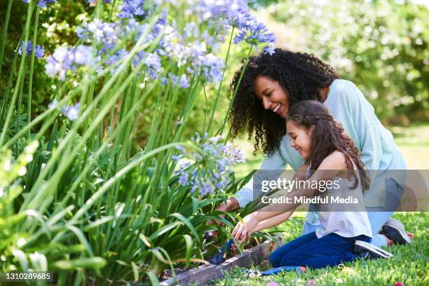 madre e hija plantan flores en jardín - mother´s day fotografías e imágenes de stock