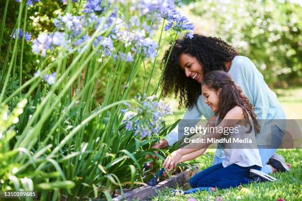 mother and daughter planting flowers in garden - family stock pictures, royalty-free photos & images