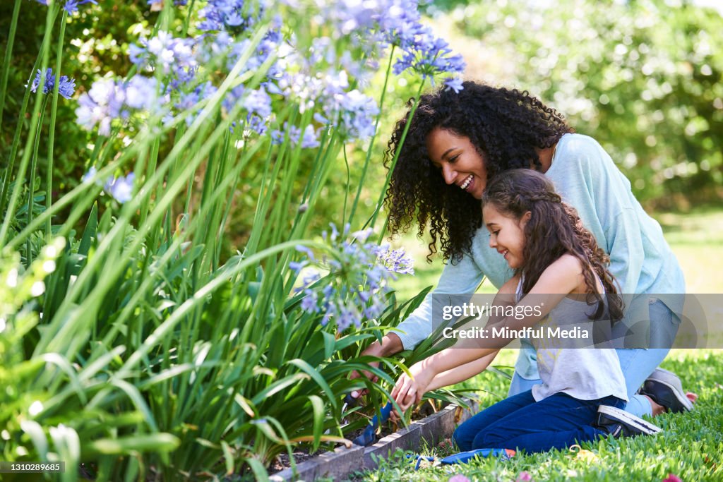 Mother and daughter planting flowers in garden