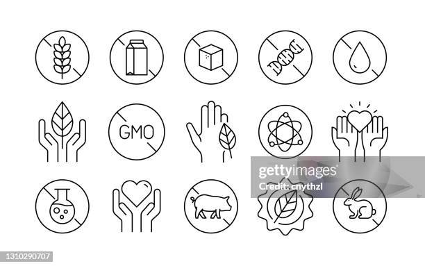 badges for natural products and organic cosmetics - genetically modified animals stock illustrations